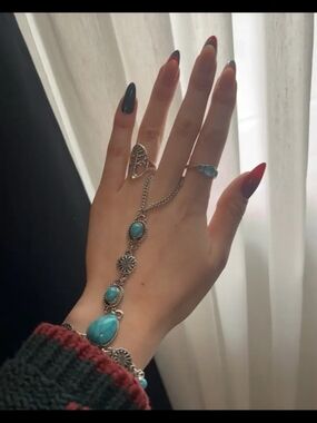 Silver-Tone Turquoise Hand Chain Bracelet - Women's Jewelry